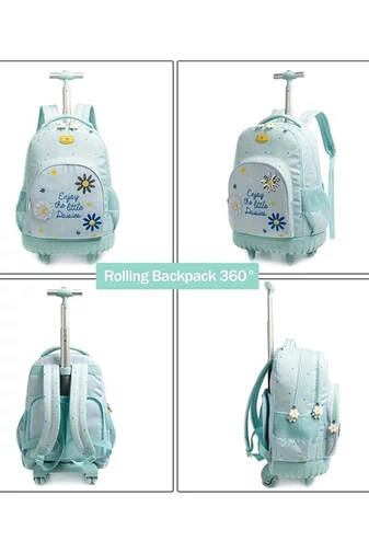 Set Rucsac Cu Roti 3-în-1 Copii Albastru Cu Flori Bonluo Include Geantă Izotermă Și Penar Capacitate 20-35L