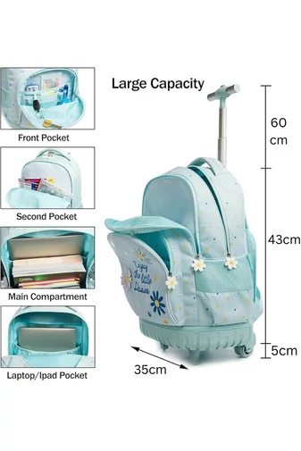 Set Rucsac Cu Roti 3-în-1 Copii Albastru Cu Flori Bonluo Include Geantă Izotermă Și Penar Capacitate 20-35L