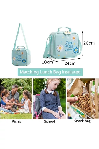 Set Rucsac Cu Roti 3-în-1 Copii Albastru Cu Flori Bonluo Include Geantă Izotermă Și Penar Capacitate 20-35L