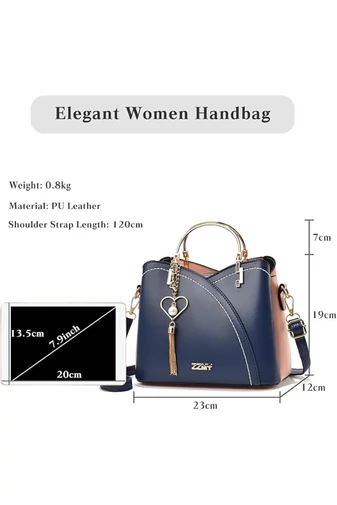 Geantă Elegantă De Damă Din PU Compactă Cu Un Mini Breloc Atașat Albastru 19*23*12cm 