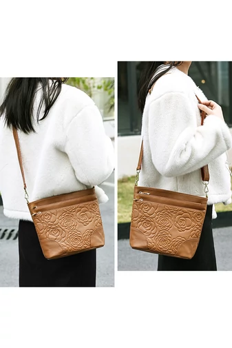 Geantă De Umăr Crossbody Maro Din Piele Naturală Cu Design Floral Embosat (22*26*10cm)