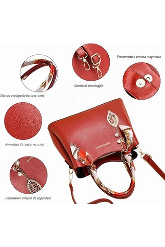 Geantă De Mână/Crossbody Roșie Cu Eșarfă Decorativă Și Accesorii Aurii Din Imitație De Piele 20*28*13cm