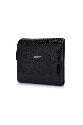 Portofel Damă Bonluo Negru Lăcuit Din Piele Naturală Cu Model Piele De Crocodil De Dimensiunea 10.5*10*1.5cm