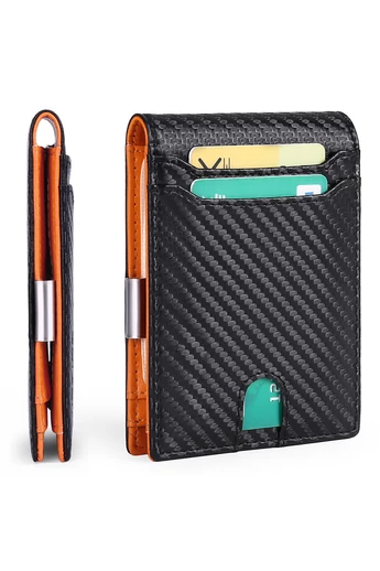 Portofel Slim RFID Din Piele PU Design Compact Negru Portocaliu Bonluo 12*9*1,5 cm