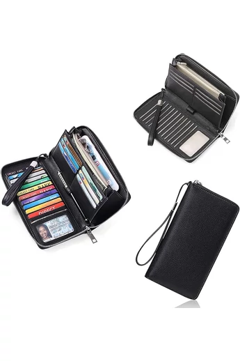 Portofel Damă Multifuncțional Negru Din PU Cu Fermuar Și Curea de Mână 22x12x3 cm Bonluo