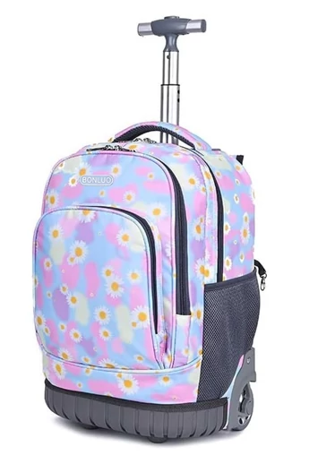 Bonluo Ghiozdan Pe Roți Roz Cu Model Flori Calitate Premium Din Material Impermeabil Dimensiune 48*31*21cm