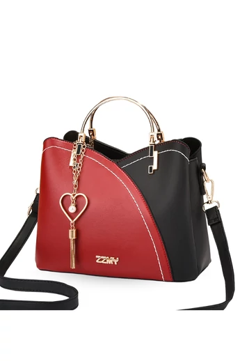 Geantă Elegantă De Damă Din PU Compactă Cu Un Mini Breloc Atașat Negru Cu Roșu 19*23*12cm 