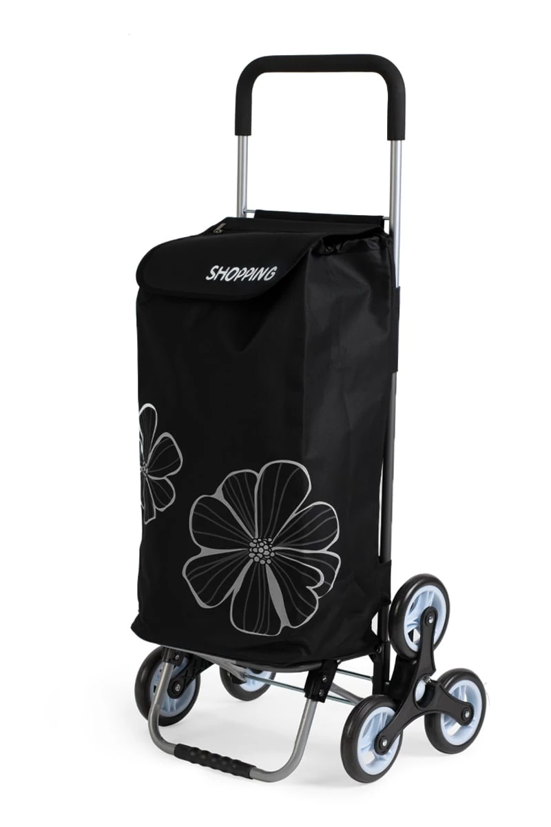 Cărucior Cumpărături Negru Cu Model Flori Pliabil Cu 6 Roți De Dimensiunea  120*45*35 cm