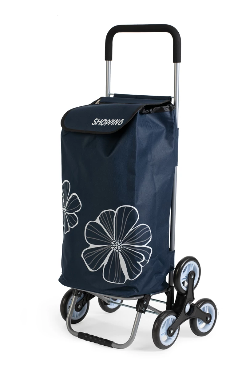 Cărucior Cumpărături Albastru Închis Cu Model Flori Pliabil Cu 6 Roți De Dimensiunea  120*45*35 cm