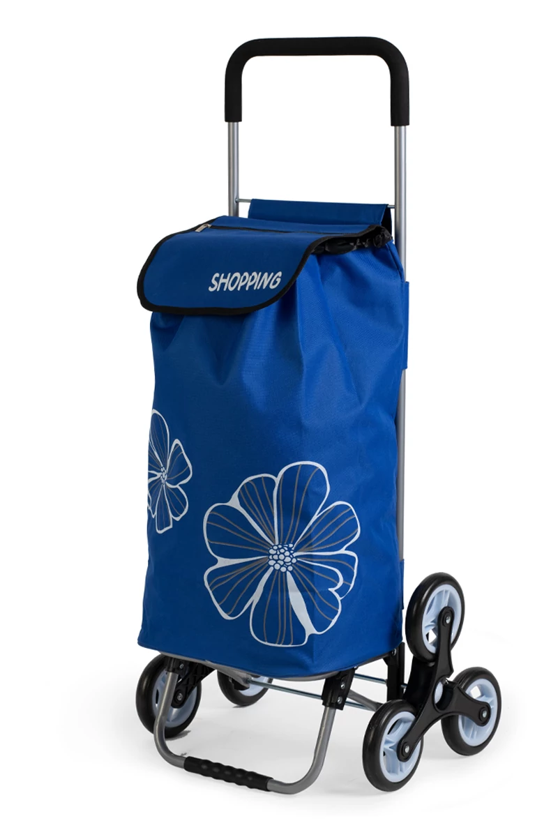 Cărucior Cumpărături Albastru Deschis Cu Model Flori Pliabil Cu 6 Roți De Dimensiunea  120*45*35 cm