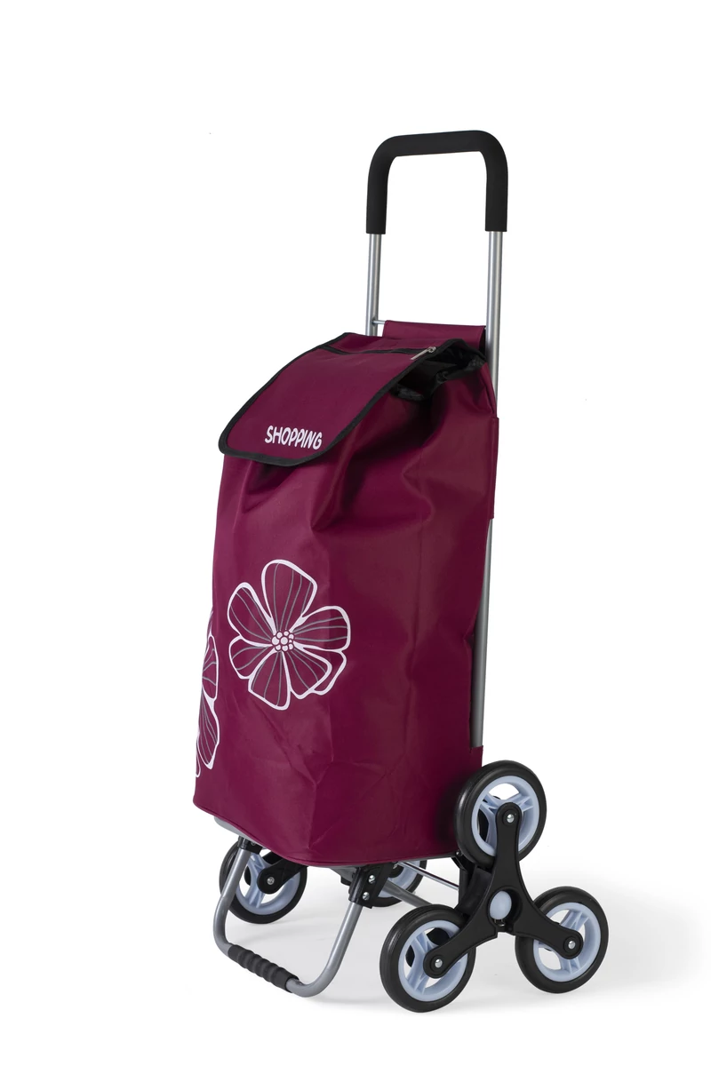 Cărucior Cumpărături Vișiniu Cu Model Flori Pliabil Cu 6 Roți De Dimensiunea  120*45*35 cm