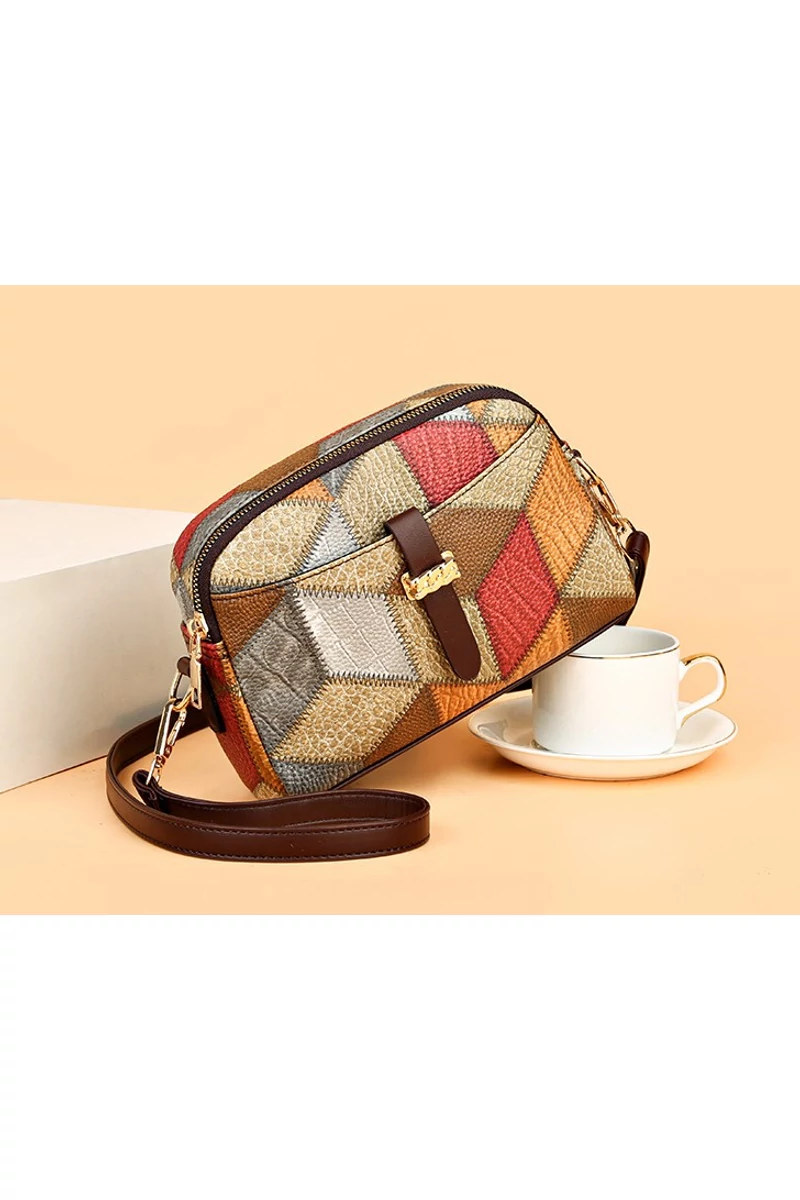 Geantă Crossbody Bonluo Maro Cu Model Colorat Din Imitație De Piele Dimensiunea 15*21*7 cm 