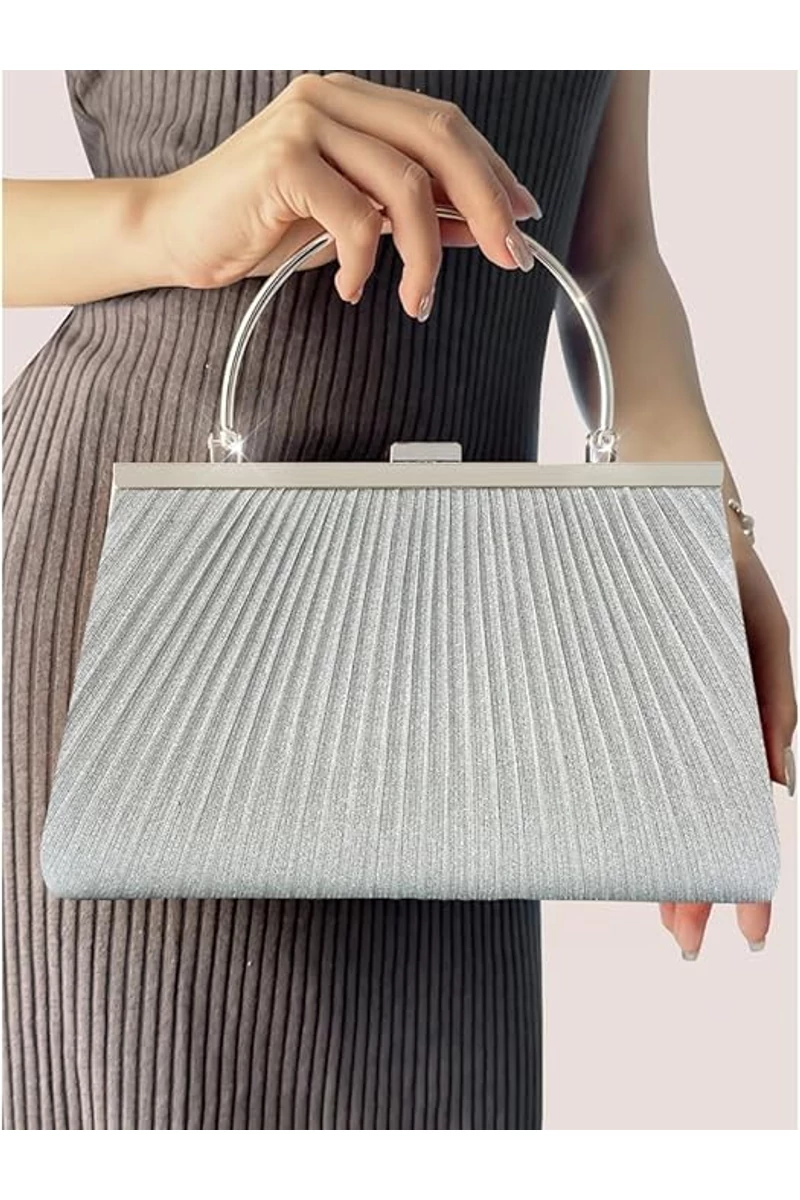 Geantă Elegantă Argintie Bonluo Pentru Ocazii Speciale Cu Mâner Metalic Accesorizat Dimensiune (15*25*4,5cm)