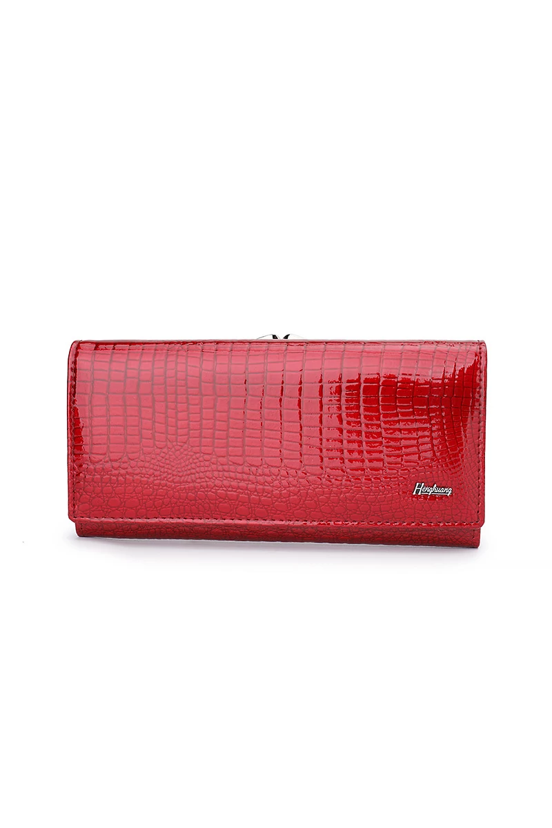 Portofel Damă Bonluo Lăcuit Roșu Din Piele Naturală Cu Model Piele De Crocodil De Dimensiunea 9*19*3cm