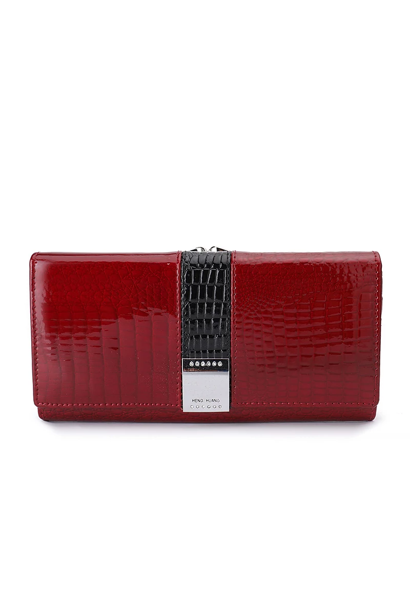 Portofel Damă Elegant Bonluo Roșu Din Piele Naturală Lăcuita Cu Model Piele De Crocodil Dimensiunea 9*18*3cm