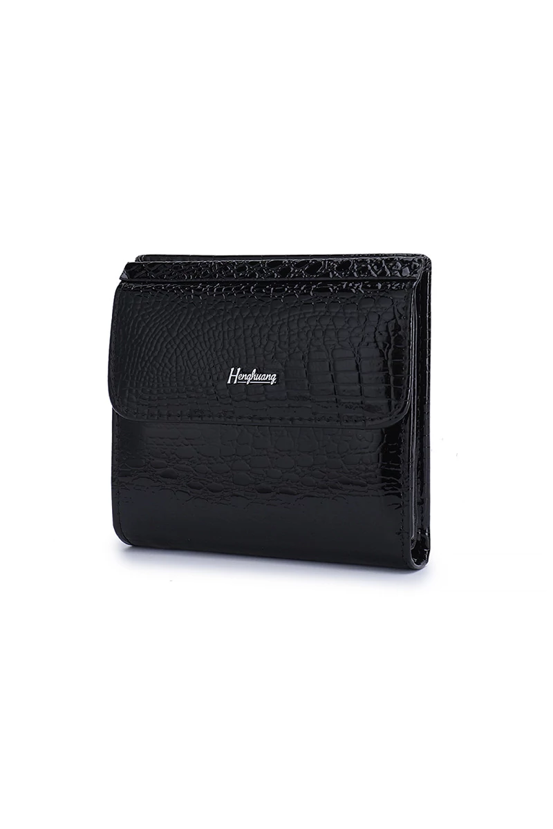 Portofel Damă Bonluo Negru Lăcuit Din Piele Naturală Cu Model Piele De Crocodil De Dimensiunea 10.5*10*1.5cm
