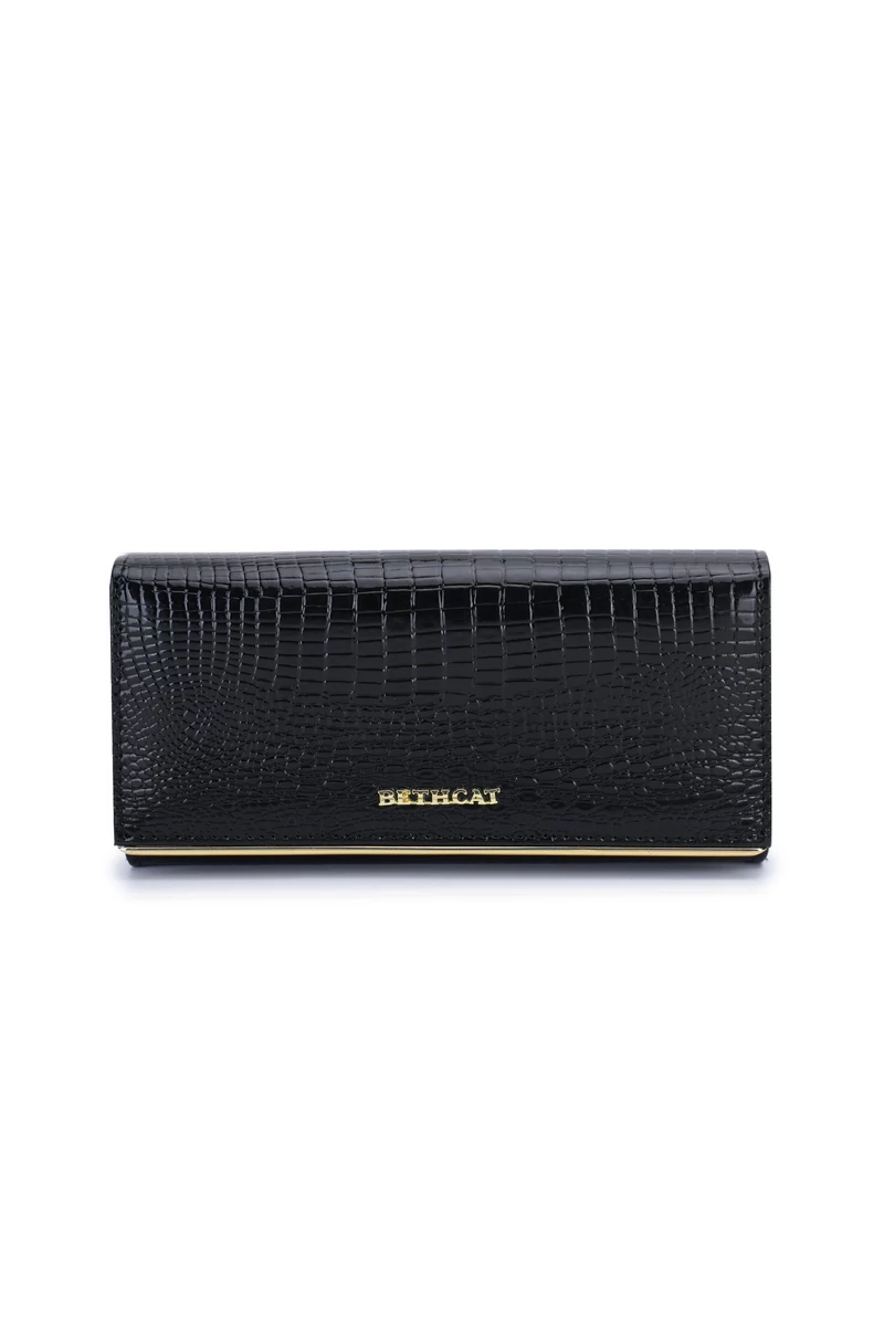 Portofel Damă Bonluo Negru Lăcuit Din Piele Naturală Texturat Cu Model Piele De Crocodil Dimensiunea 18*9*3cm