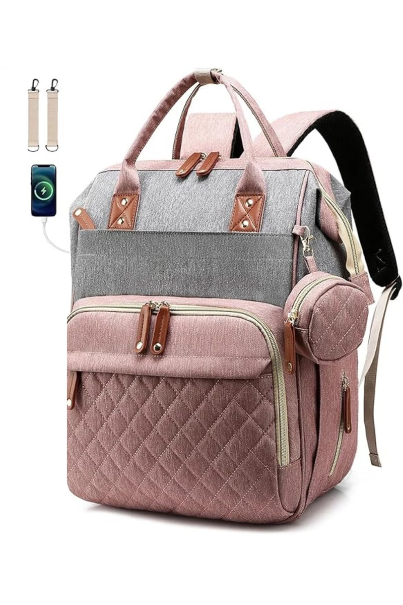 Rucsac Bonluo Pentru Mămici Roz Cu Gri Multifuncțional Din Poliester Impermeabil Cu Spațiu USB 40*29*15cm