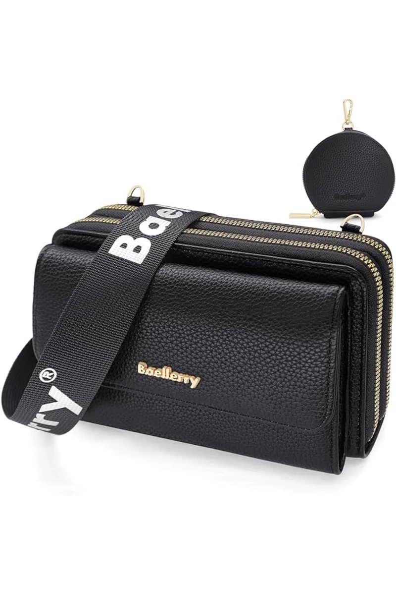 Geantă Crossbody 2în1 Portofel Bonluo Negru Din Imitație De Piele Cu Un Design Compact Și Un Mini Portofel Atașat De Dimensiunea 11*19*7cm 