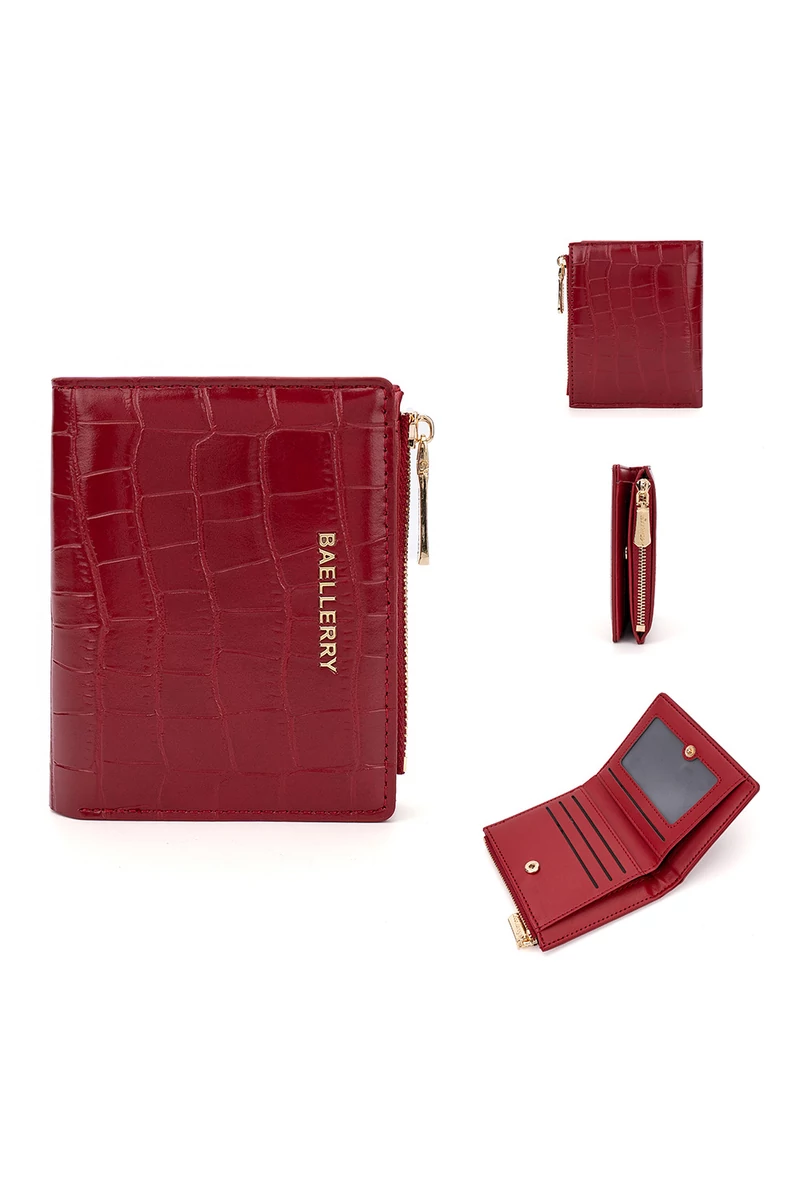 Portofel Bifold Mic Vișiniu Din Imitație De Piele Lăcuită Cu Model Piele De Crocodil De Dimensiunea 9.5*11.5*3cm