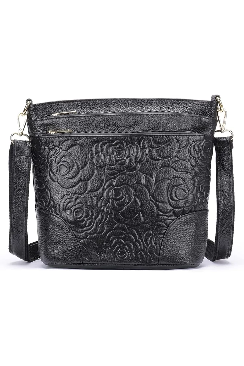 Geantă De Umăr Crossbody Bonluo Neagră Din Piele Naturală Cu Design Floral Embosat (22*28*10cm)