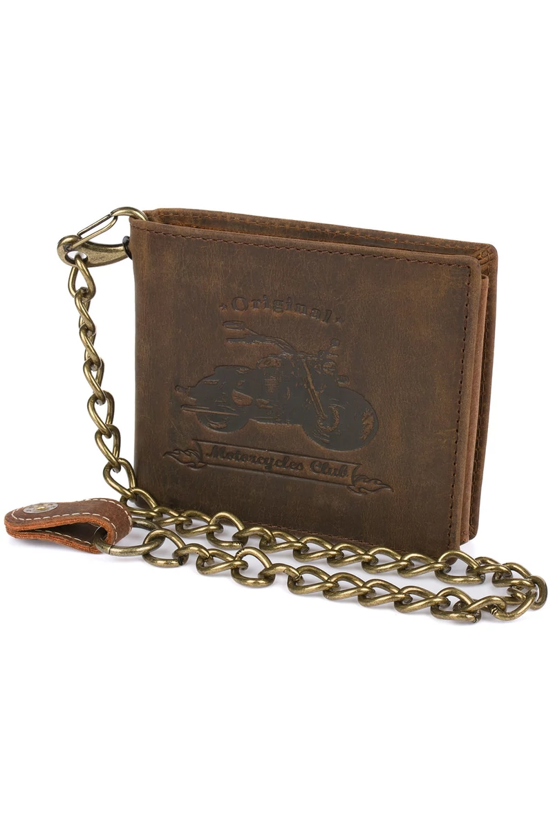 Bellugio Portofel Barbati Vintage Maro Inchis Model Motor Cu Lanț Din Piele Naturala Dimensiune (9*12*2cm)