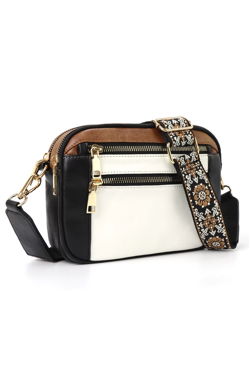 Geanta Crossbody Alba Cu Negru Bretea Reglabila Din PU 20*15,6*5,1cm Bonulo