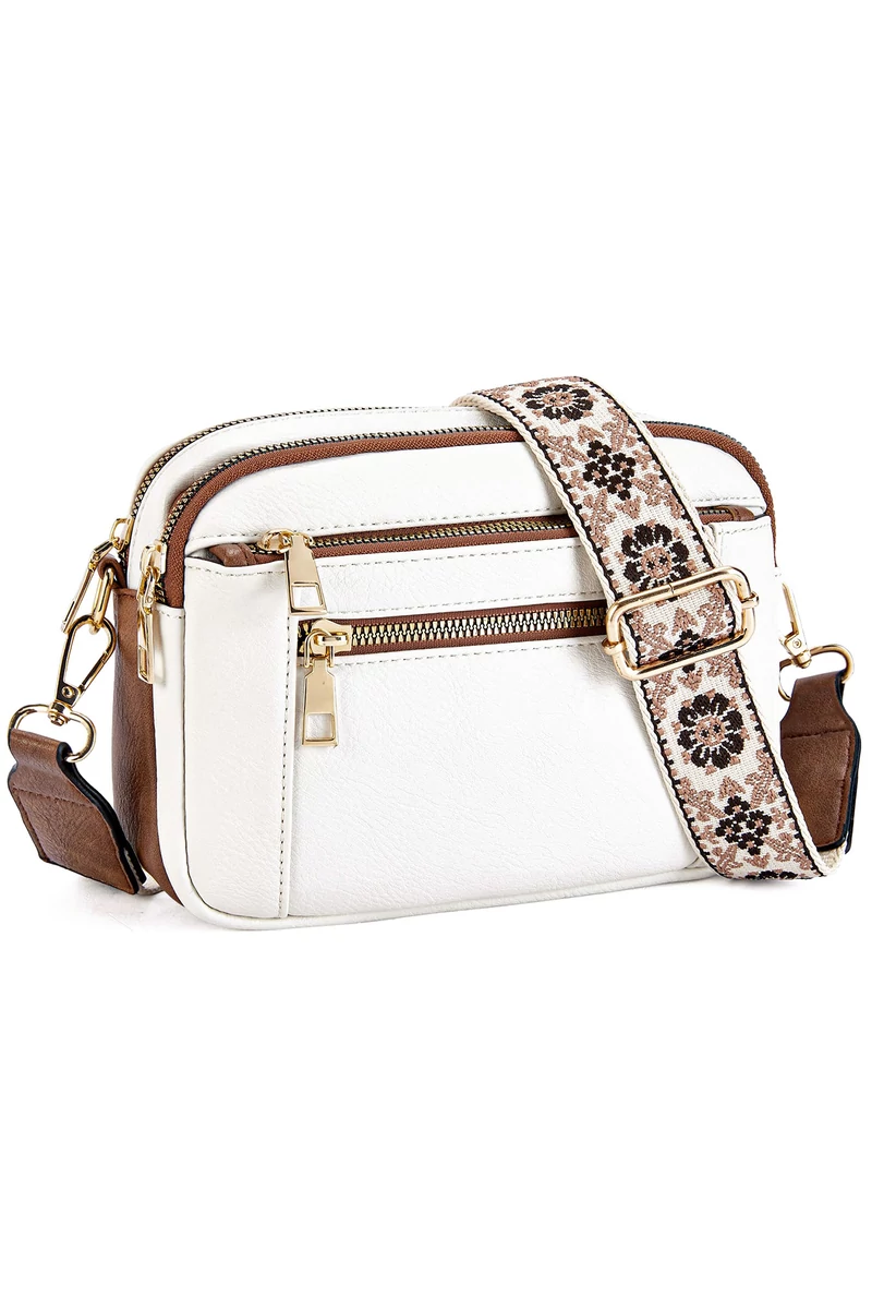 Geanta Crossbody Alba Cu Maro Bretea Reglabila Din PU 20*15,6*5,1cm Bonulo