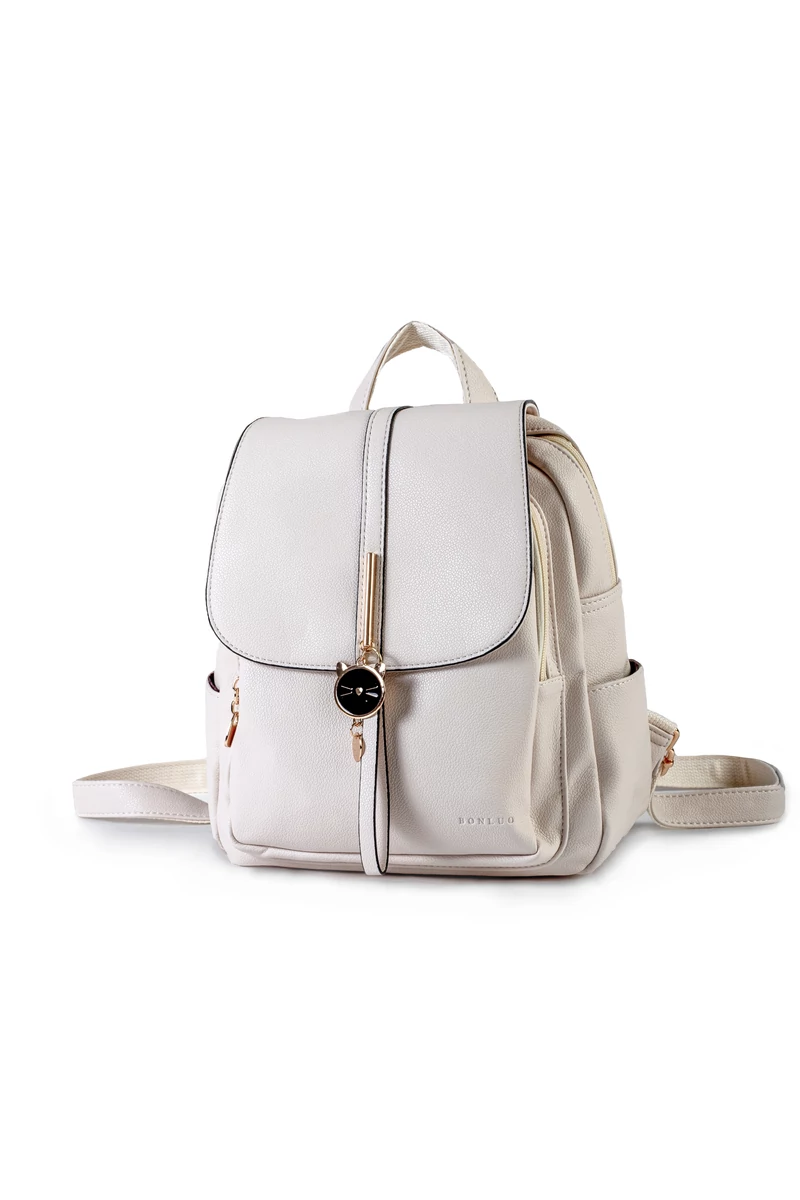 Bonluo Rucsac Damă Alb Murdar Din Imitație Piele Accesorizat Cu Cap De Pisicuță (30x25x13cm)