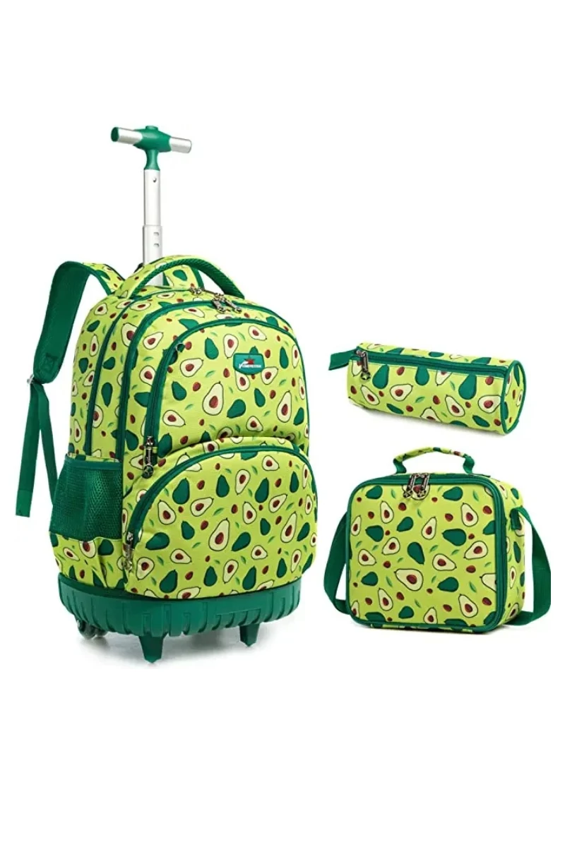 Set Ghizdan 3în1 Cu Roți Încorporate Bonluo Verde Model Avocado Cu Gentă De Pânz Și Penar 40*35*25cm