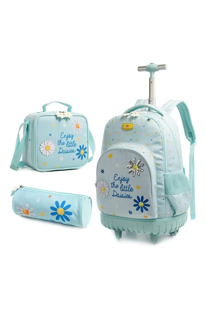 Set Rucsac Cu Roti 3-în-1 Copii Albastru Cu Flori Bonluo Include Geantă Izotermă Și Penar Capacitate 20-35L