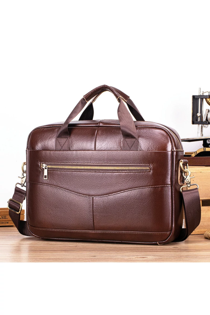 Geantă Business Din Piele Naturală Maro, Compartiment Laptop și Curea Detasabilă 28*40*7cm