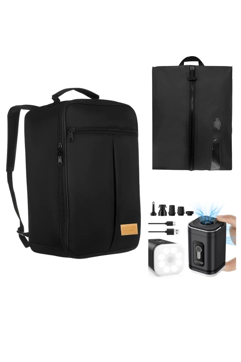 Set Călătorie 3În1 Rucsac Wizzair 40*30*20cm Negru , Sac Depozitare Cu Vacuum Și Pompă De Aer Electrică