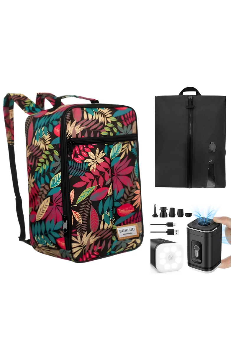 Set Călătorie 3În1 Rucsac Wizzair 40*30*20cm Negru Model Frunze Colorate, Sac Depozitare Cu Vacuum Și Pompă De Aer Electrică