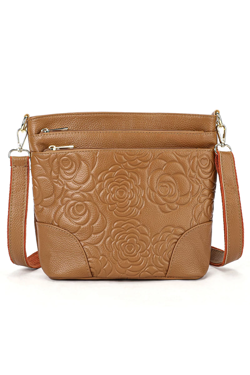 Geantă De Umăr Crossbody Maro Din Piele Naturală Cu Design Floral Embosat (22*26*10cm)