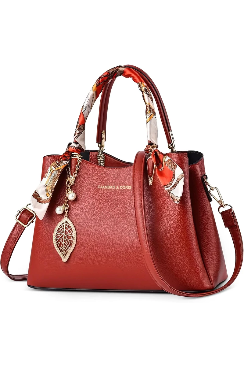 Geantă De Mână/Crossbody Roșie Cu Eșarfă Decorativă Și Accesorii Aurii Din Imitație De Piele 20*28*13cm